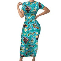 Hawaii Map with Plumeria Flower and Palaka Pattern Family Matching Short Sleeve Bodycon Dress and Hawaiian Shirt Tropical Island Teal Design