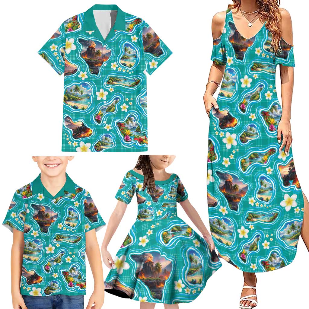 Hawaii Map with Plumeria Flower and Palaka Pattern Family Matching Summer Maxi Dress and Hawaiian Shirt Tropical Island Teal Design LT03 - Polynesian Pride