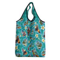 Hawaii Map with Plumeria Flower and Palaka Pattern Grocery Bag Tropical Island Teal Design