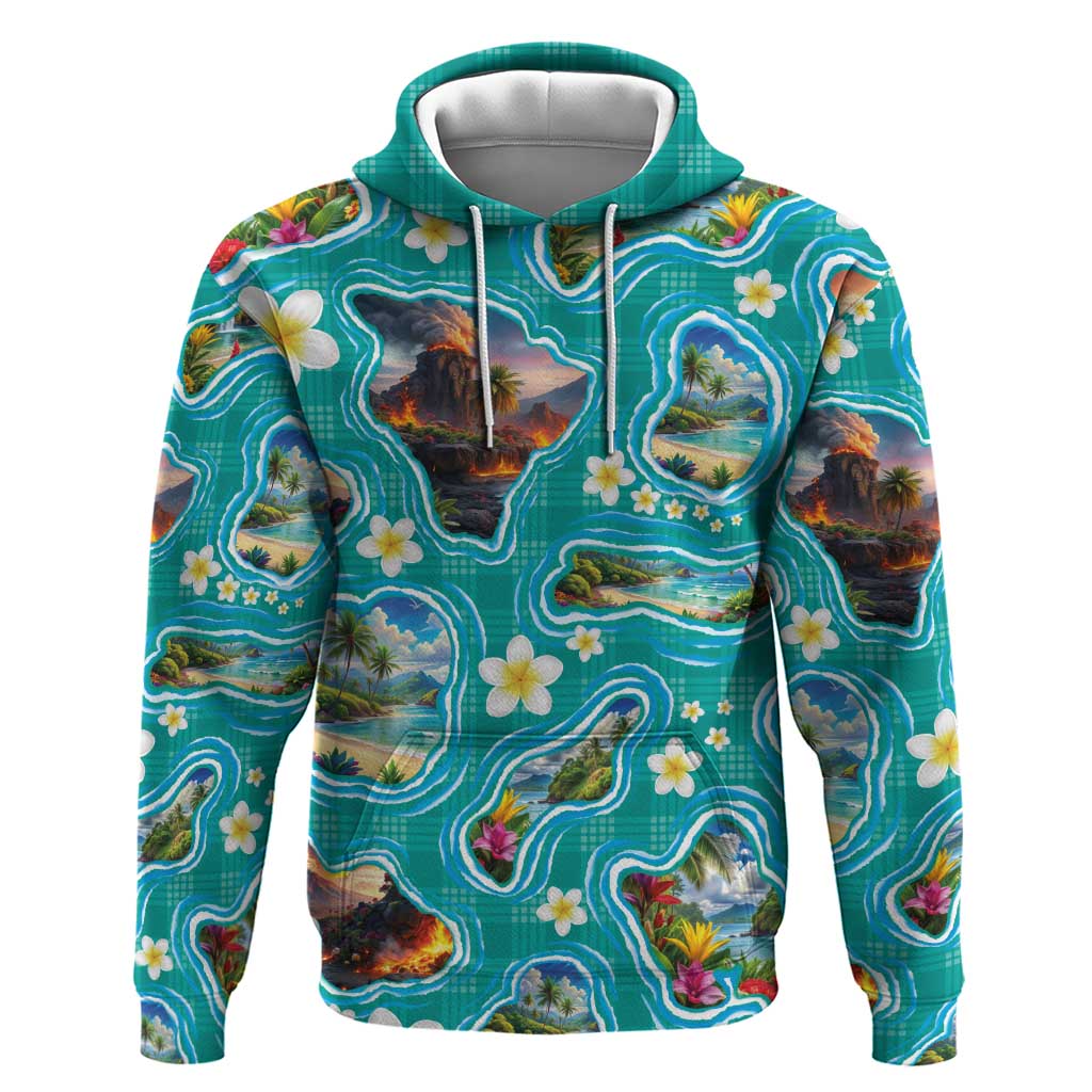 Hawaii Map with Plumeria Flower and Palaka Pattern Hoodie Tropical Island Teal Design