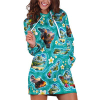 Hawaii Map with Plumeria Flower and Palaka Pattern Hoodie Dress Tropical Island Teal Design LT03 Teal - Polynesian Pride