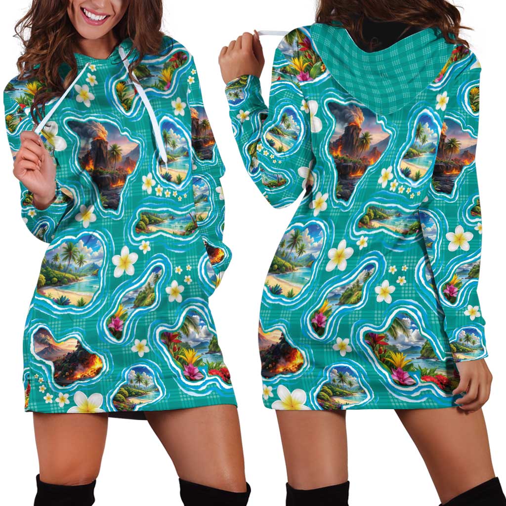 Hawaii Map with Plumeria Flower and Palaka Pattern Hoodie Dress Tropical Island Teal Design LT03 - Polynesian Pride