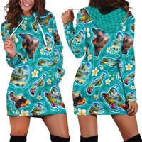 Hawaii Map with Plumeria Flower and Palaka Pattern Hoodie Dress Tropical Island Teal Design LT03 - Polynesian Pride