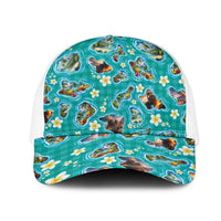 Hawaii Map with Plumeria Flower and Palaka Pattern Mesh Trucker Cap Tropical Island Teal Design