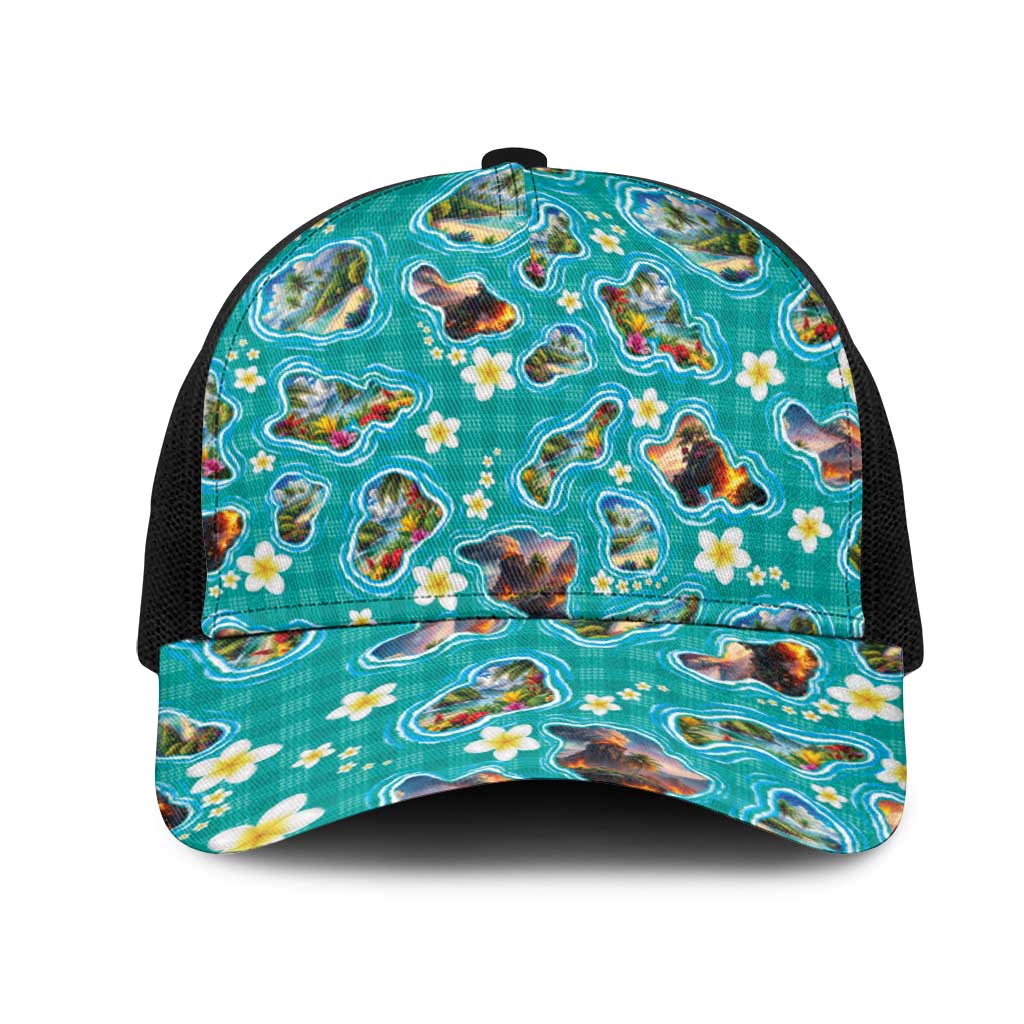 Hawaii Map with Plumeria Flower and Palaka Pattern Mesh Trucker Cap Tropical Island Teal Design