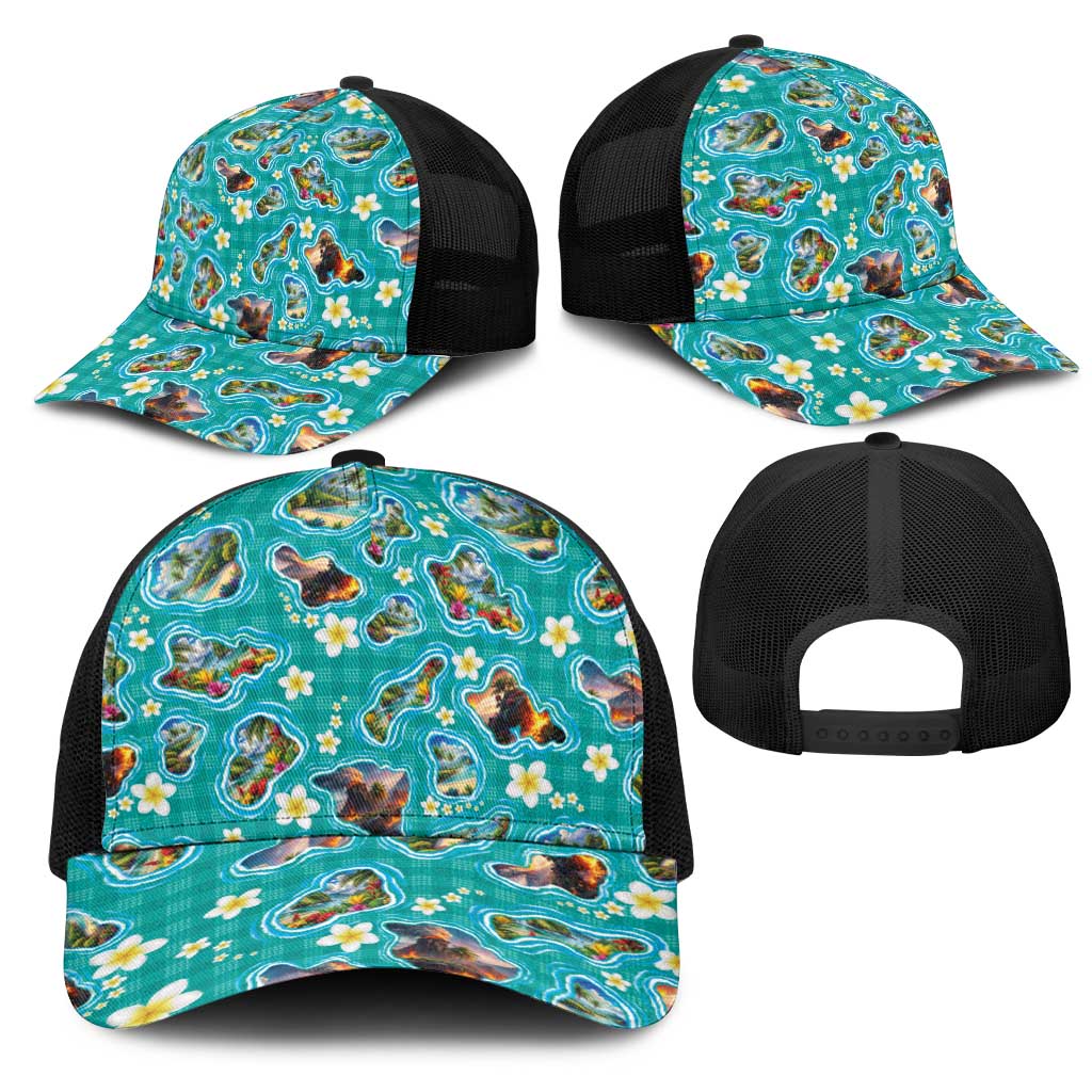 Hawaii Map with Plumeria Flower and Palaka Pattern Mesh Trucker Cap Tropical Island Teal Design