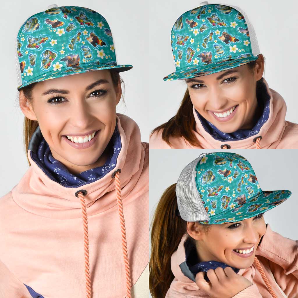 Hawaii Map with Plumeria Flower and Palaka Pattern Mesh Trucker Cap Tropical Island Teal Design