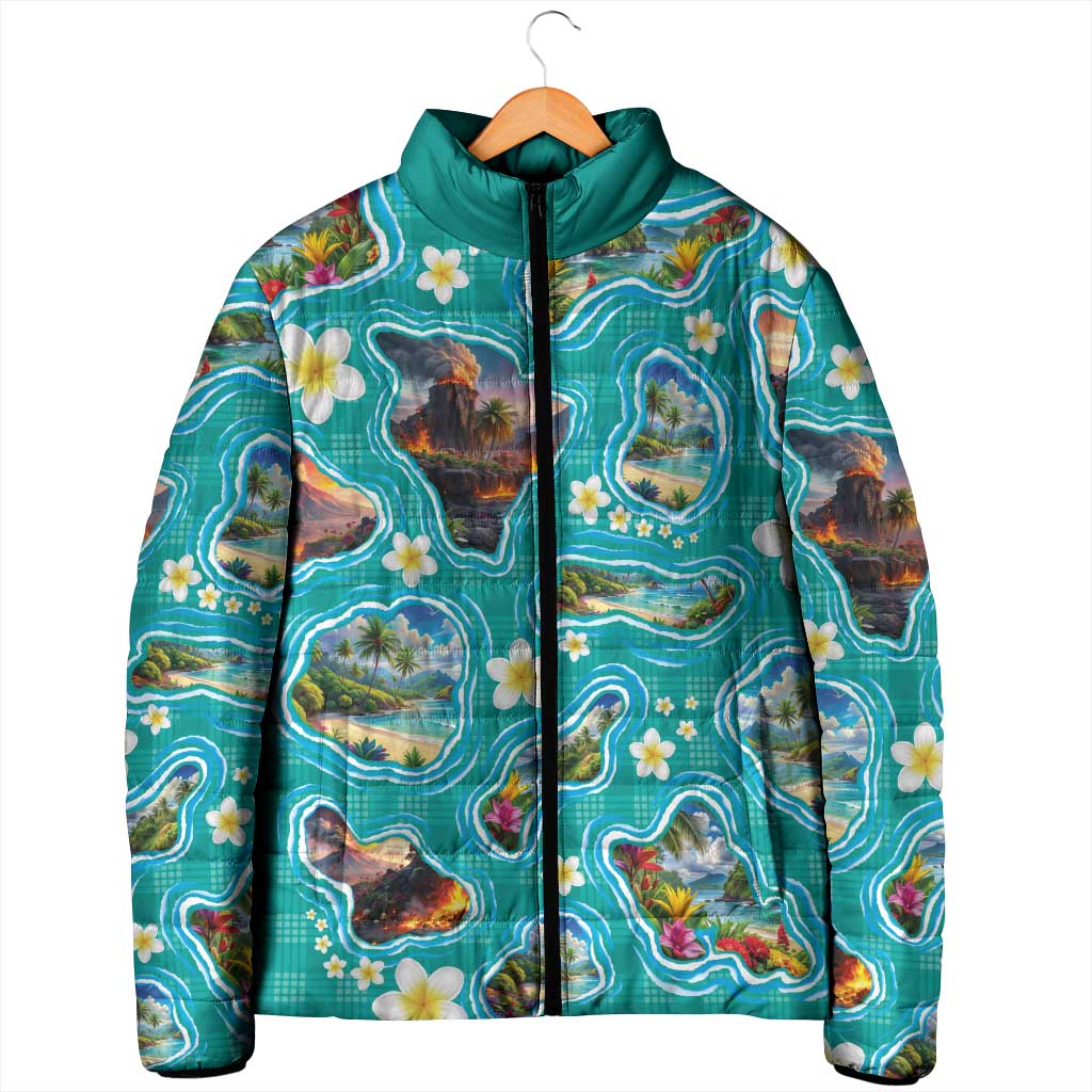 Hawaii Map with Plumeria Flower and Palaka Pattern Padded Jacket Tropical Island Teal Design