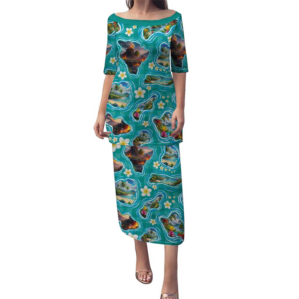 Hawaii Map with Plumeria Flower and Palaka Pattern Puletasi Tropical Island Teal Design