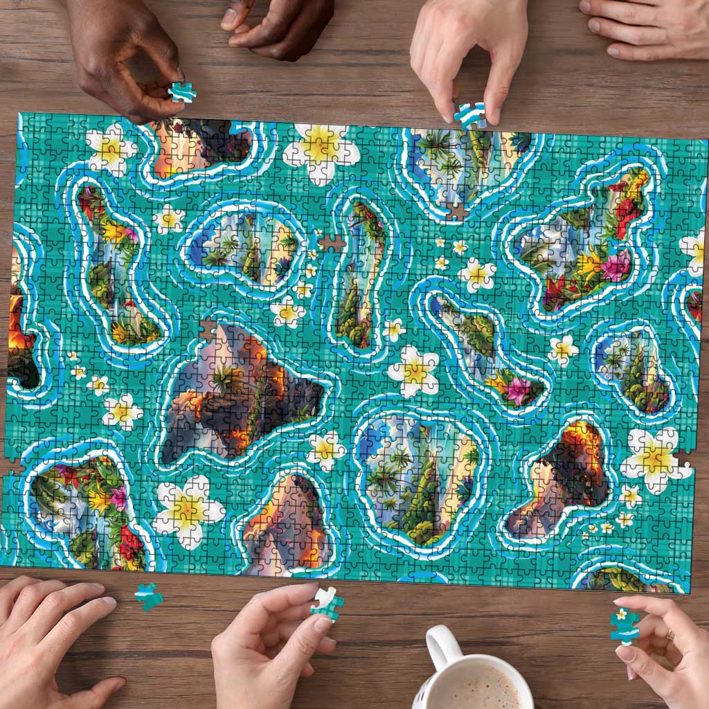 Hawaii Map with Plumeria Flower and Palaka Pattern Puzzle Tropical Island Teal Design