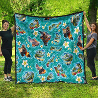 Hawaii Map with Plumeria Flower and Palaka Pattern Quilt Tropical Island Teal Design