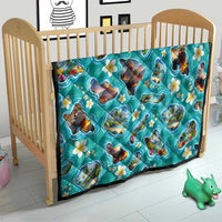 Hawaii Map with Plumeria Flower and Palaka Pattern Quilt Tropical Island Teal Design