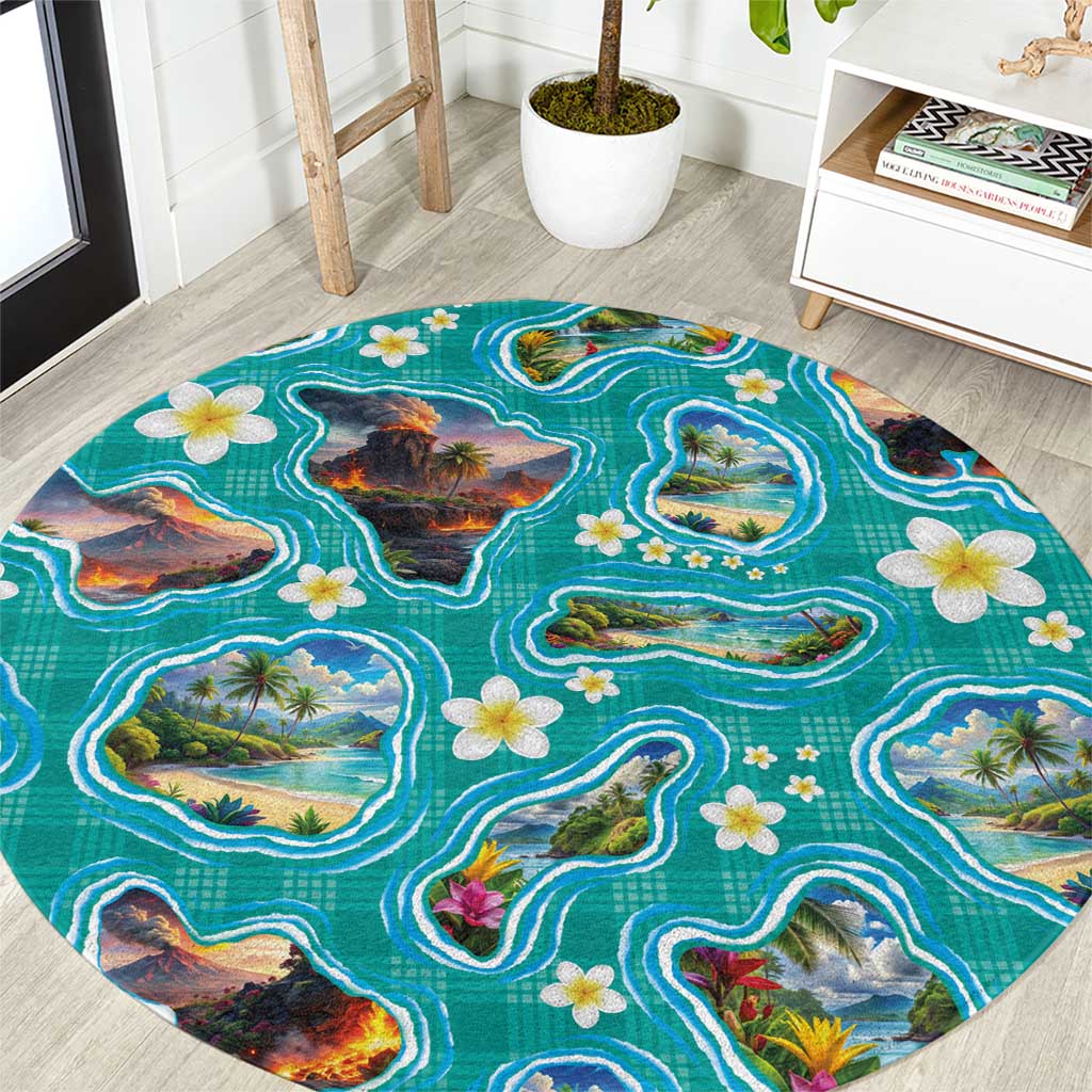 Hawaii Map with Plumeria Flower and Palaka Pattern Round Carpet Tropical Island Teal Design