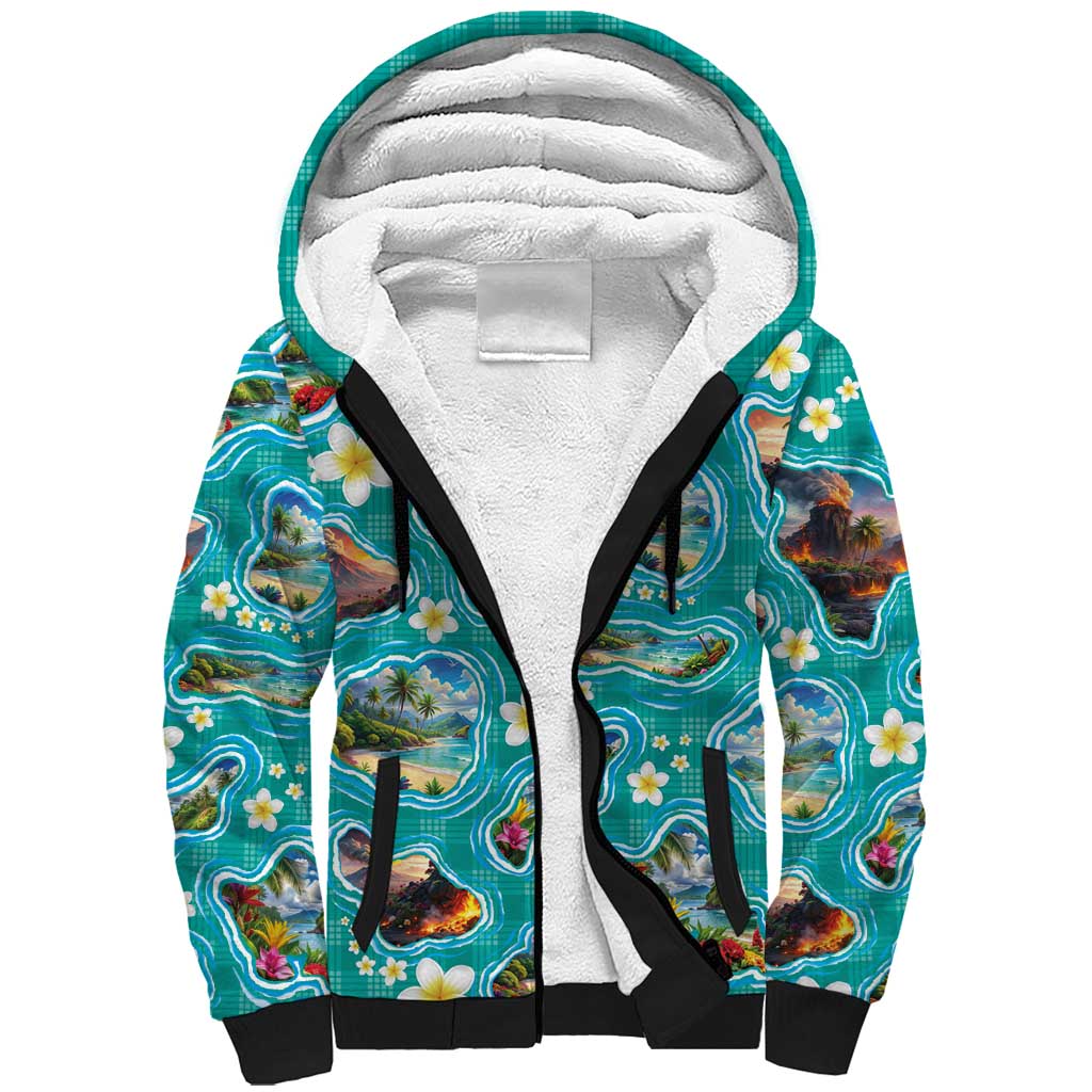 Hawaii Map with Plumeria Flower and Palaka Pattern Sherpa Hoodie Tropical Island Teal Design