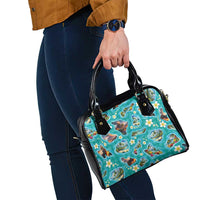 Hawaii Map with Plumeria Flower and Palaka Pattern Shoulder Handbag Tropical Island Teal Design LT03 - Polynesian Pride
