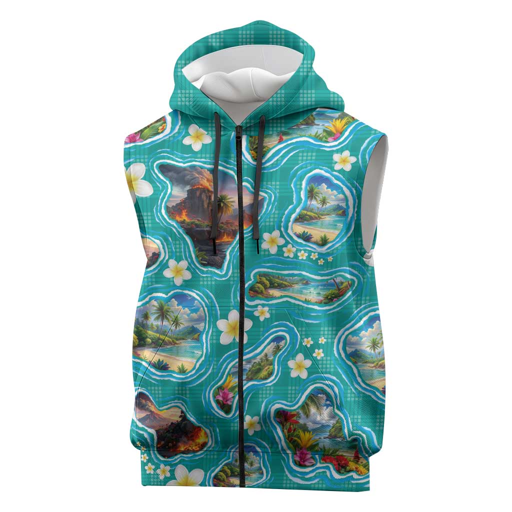 Hawaii Map with Plumeria Flower and Palaka Pattern Sleeveless Zip Hoodie Tropical Island Teal Design