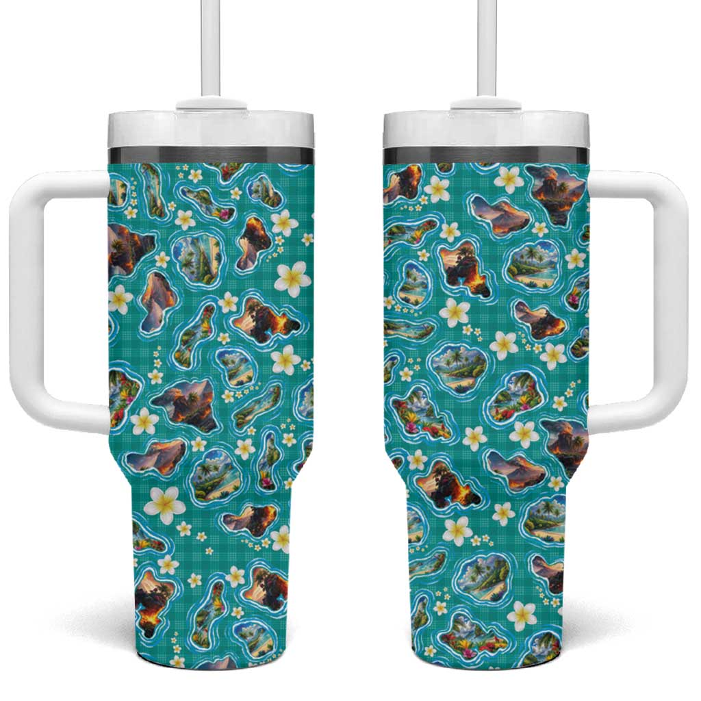 Hawaii Map with Plumeria Flower and Palaka Pattern Tumbler With Handle Tropical Island Teal Design