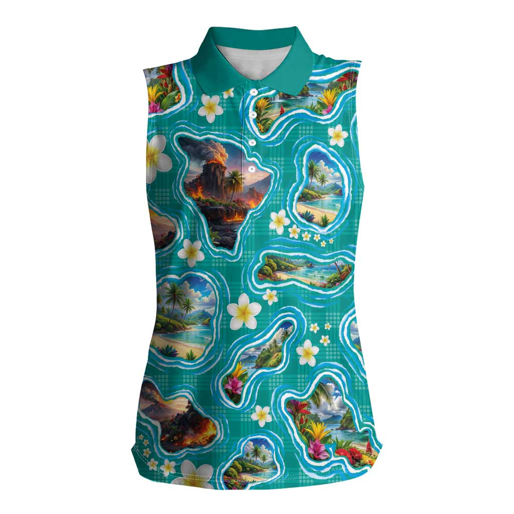Hawaii Map with Plumeria Flower and Palaka Pattern Women Sleeveless Polo Shirt Tropical Island Teal Design