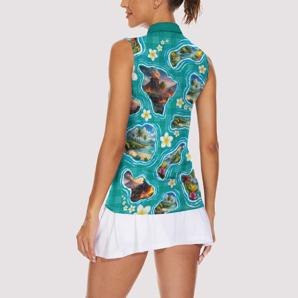 Hawaii Map with Plumeria Flower and Palaka Pattern Women Sleeveless Polo Shirt Tropical Island Teal Design