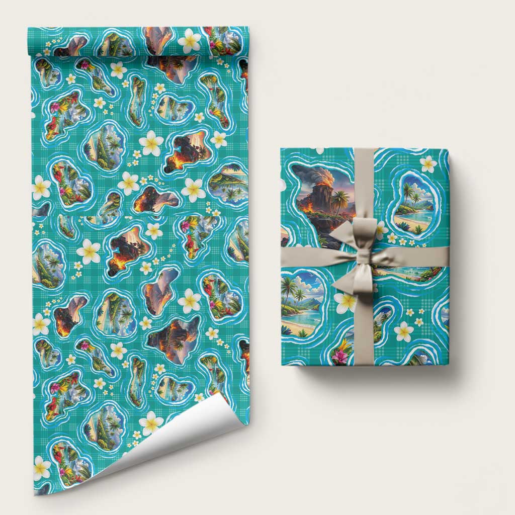 Hawaii Map with Plumeria Flower and Palaka Pattern Wrapping Paper Tropical Island Teal Design LT03 58" × 23" Teal - Polynesian Pride