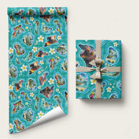 Hawaii Map with Plumeria Flower and Palaka Pattern Wrapping Paper Tropical Island Teal Design LT03 58" × 23" Teal - Polynesian Pride