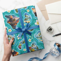 Hawaii Map with Plumeria Flower and Palaka Pattern Wrapping Paper Tropical Island Teal Design LT03 - Polynesian Pride
