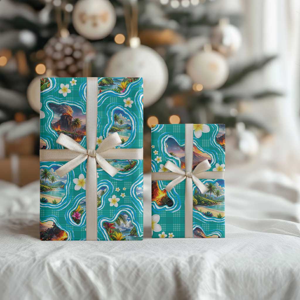 Hawaii Map with Plumeria Flower and Palaka Pattern Wrapping Paper Tropical Island Teal Design LT03 - Polynesian Pride