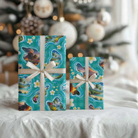 Hawaii Map with Plumeria Flower and Palaka Pattern Wrapping Paper Tropical Island Teal Design LT03 - Polynesian Pride