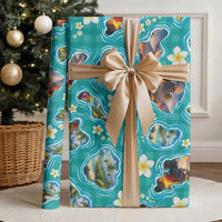 Hawaii Map with Plumeria Flower and Palaka Pattern Wrapping Paper Tropical Island Teal Design LT03 - Polynesian Pride