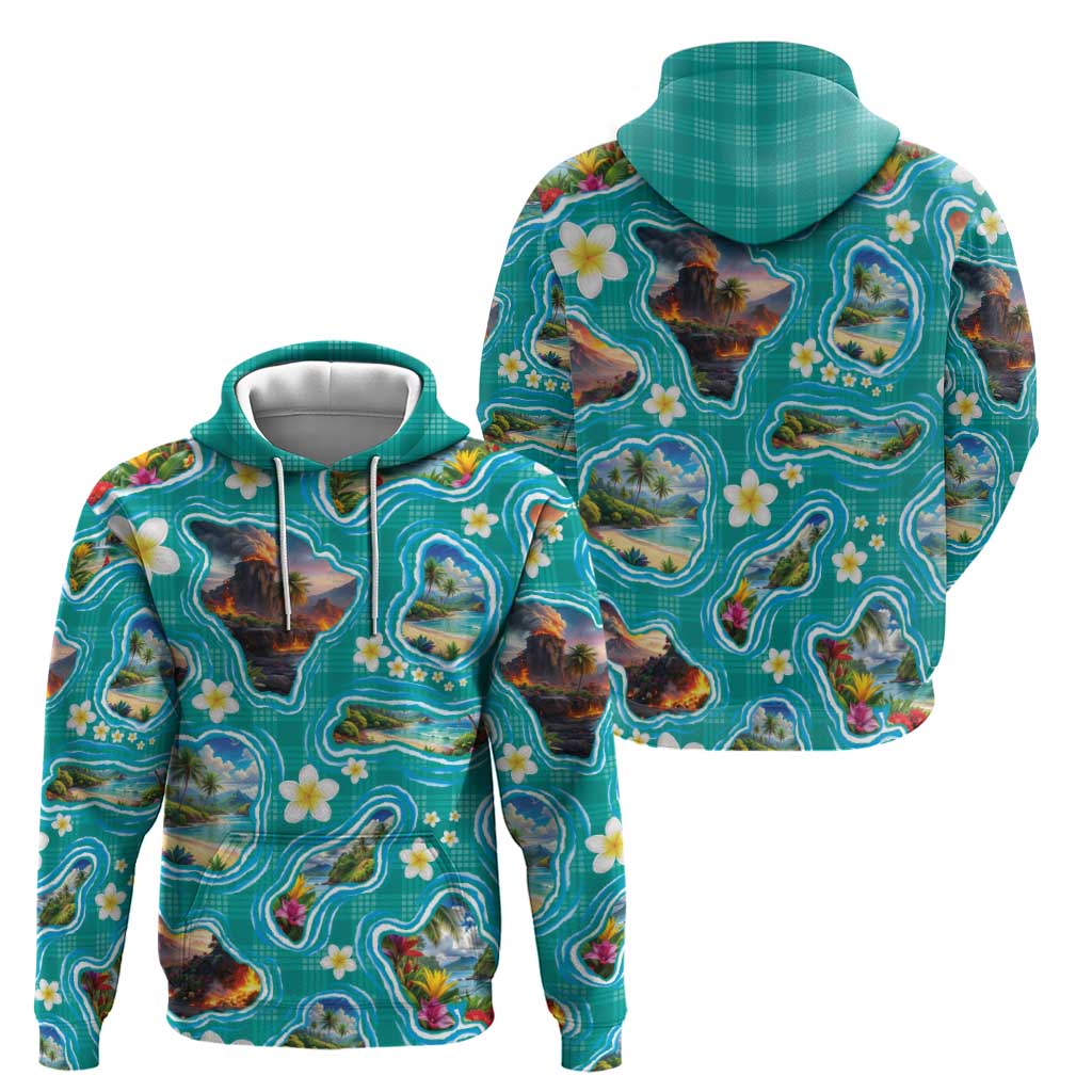 Hawaii Map with Plumeria Flower and Palaka Pattern Zip Hoodie Tropical Island Teal Design LT03 - Polynesian Pride