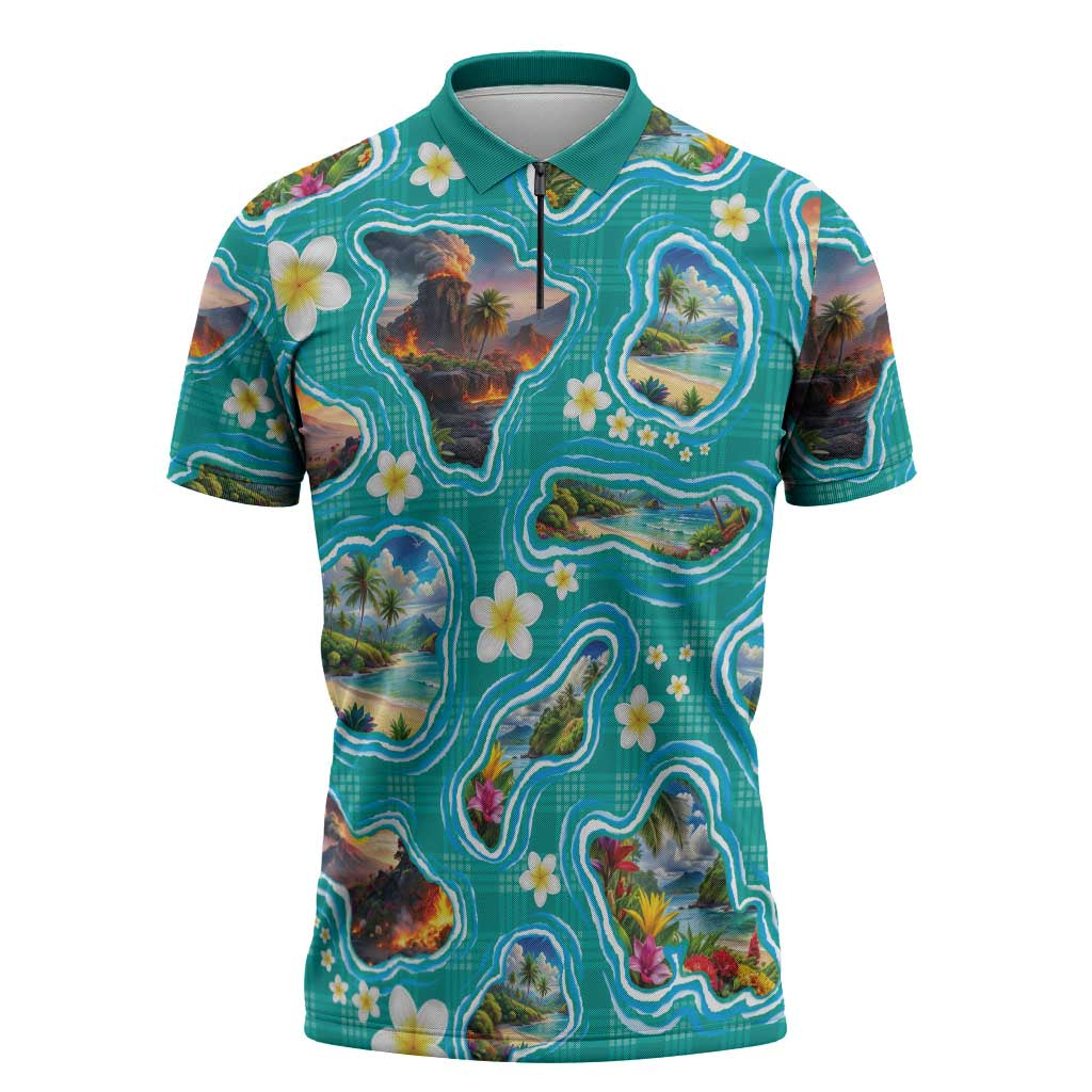 Hawaii Map with Plumeria Flower and Palaka Pattern Zipper Polo Shirt Tropical Island Teal Design