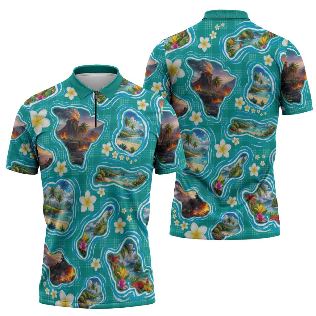 Hawaii Map with Plumeria Flower and Palaka Pattern Zipper Polo Shirt Tropical Island Teal Design