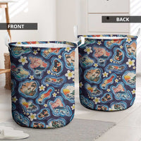 Hawaii Islands Map Design with Japanese Landscape Laundry Basket Hawaiian Japan Fusion Art Navy Color