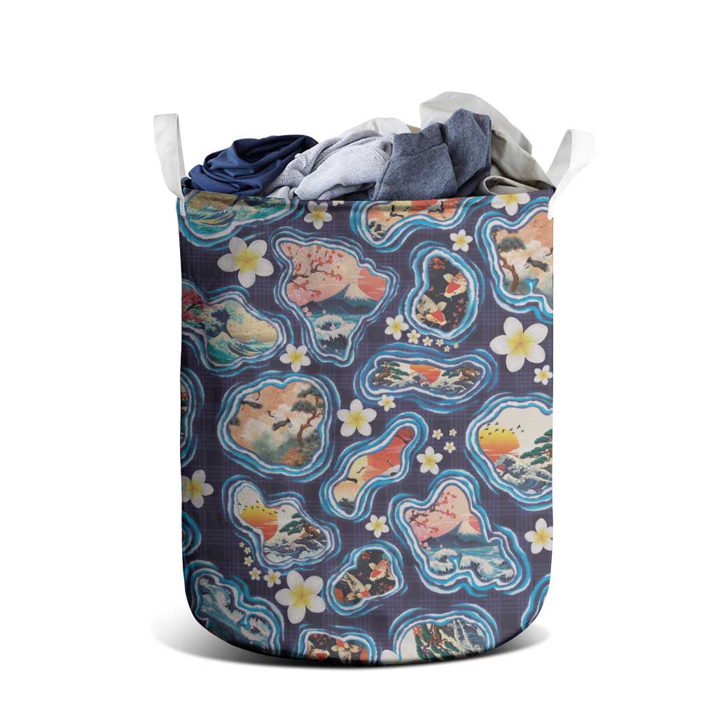 Hawaii Islands Map Design with Japanese Landscape Laundry Basket Hawaiian Japan Fusion Art Navy Color