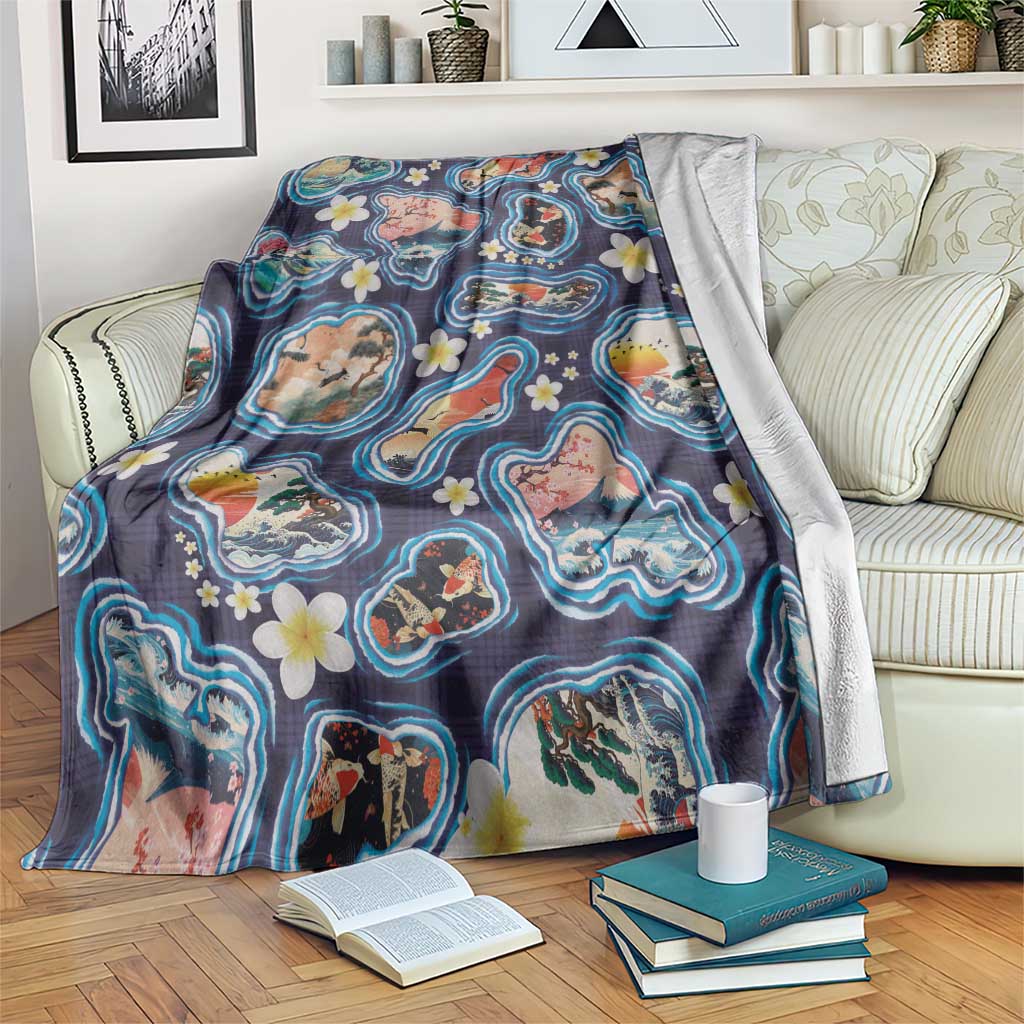 Hawaii Islands Map Design with Japanese Landscape Blanket Hawaiian Japan Fusion Art Navy Color