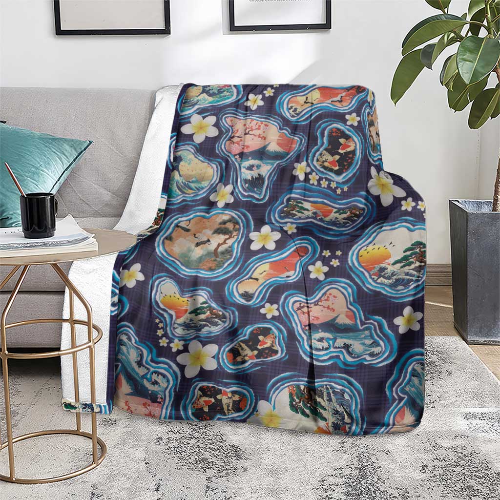 Hawaii Islands Map Design with Japanese Landscape Blanket Hawaiian Japan Fusion Art Navy Color LT03 - Polynesian Pride