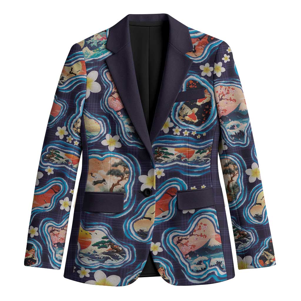 Hawaii Islands Map Design with Japanese Landscape Blazer Hawaiian Japan Fusion Art Navy Color