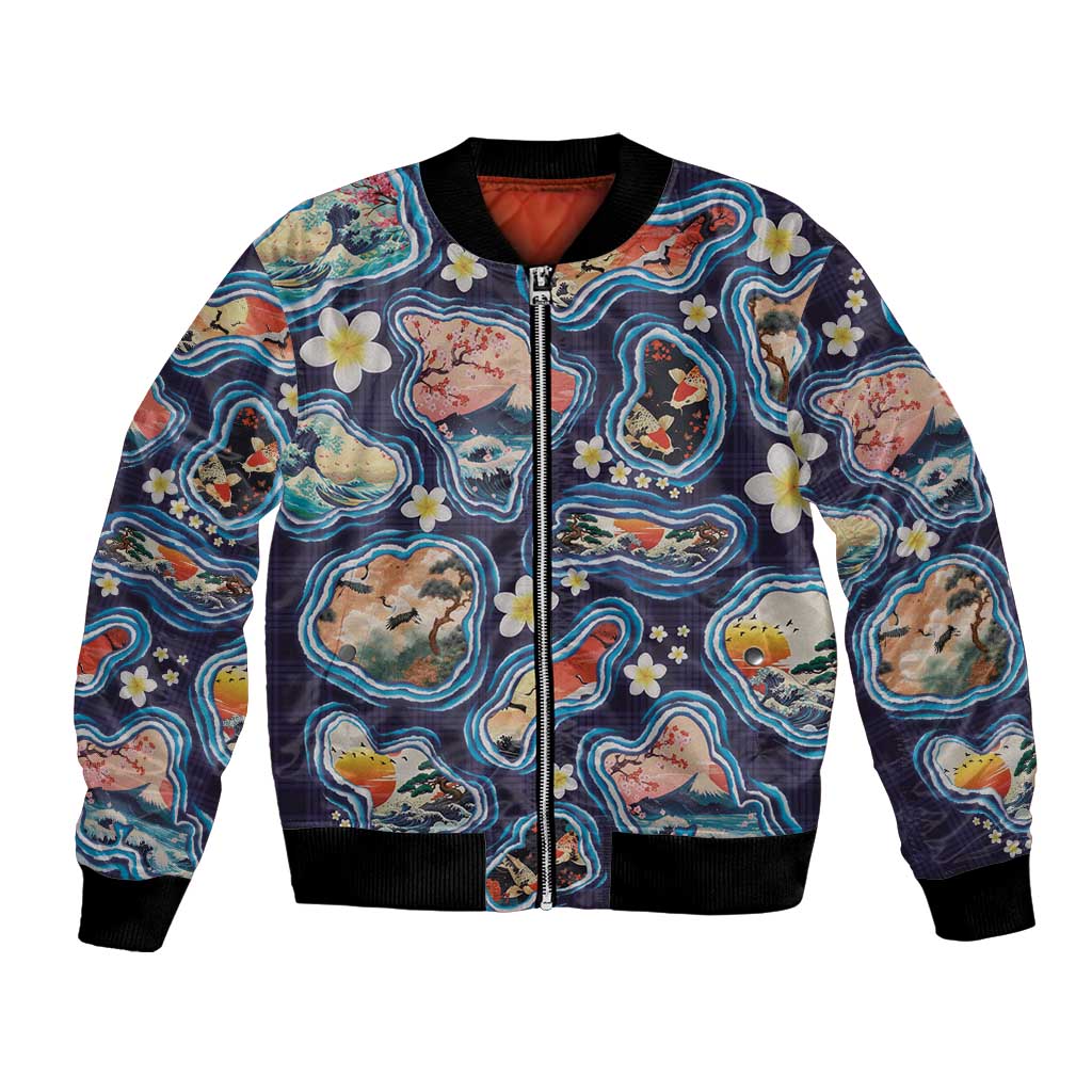 Hawaii Islands Map Design with Japanese Landscape Bomber Jacket Hawaiian Japan Fusion Art Navy Color LT03 Unisex Navy - Polynesian Pride