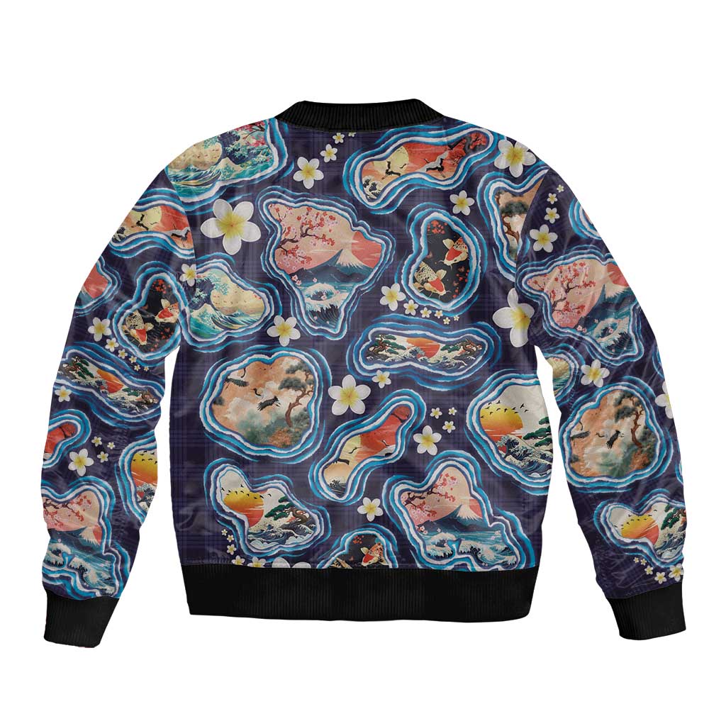 Hawaii Islands Map Design with Japanese Landscape Bomber Jacket Hawaiian Japan Fusion Art Navy Color LT03 - Polynesian Pride
