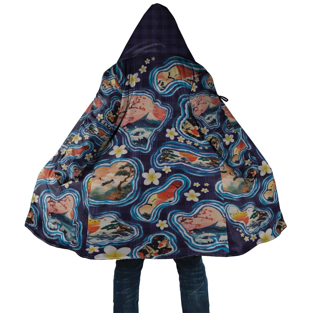 Hawaii Islands Map Design with Japanese Landscape Cloak Hawaiian Japan Fusion Art Navy Color