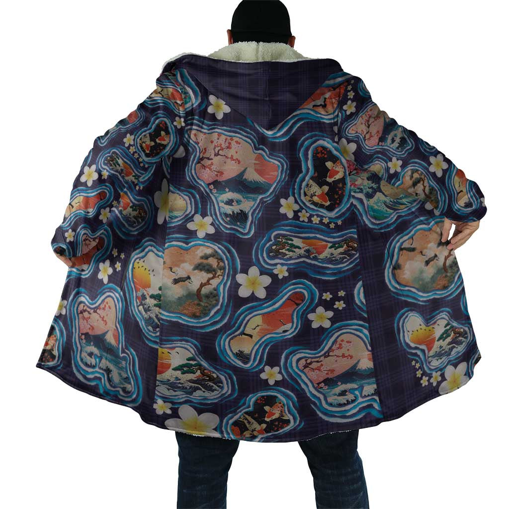 Hawaii Islands Map Design with Japanese Landscape Cloak Hawaiian Japan Fusion Art Navy Color