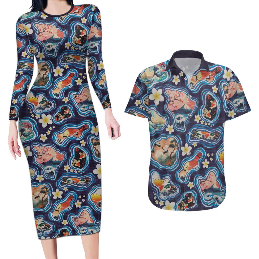 Hawaii Islands Map Design with Japanese Landscape Couples Matching Long Sleeve Bodycon Dress and Hawaiian Shirt Hawaiian Japan Fusion Art Navy Color LT03 Navy - Polynesian Pride