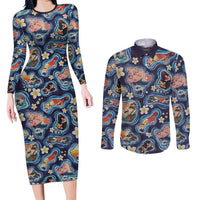 Hawaii Islands Map Design with Japanese Landscape Couples Matching Long Sleeve Bodycon Dress and Long Sleeve Button Shirt Hawaiian Japan Fusion Art Navy Color