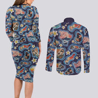 Hawaii Islands Map Design with Japanese Landscape Couples Matching Long Sleeve Bodycon Dress and Long Sleeve Button Shirt Hawaiian Japan Fusion Art Navy Color