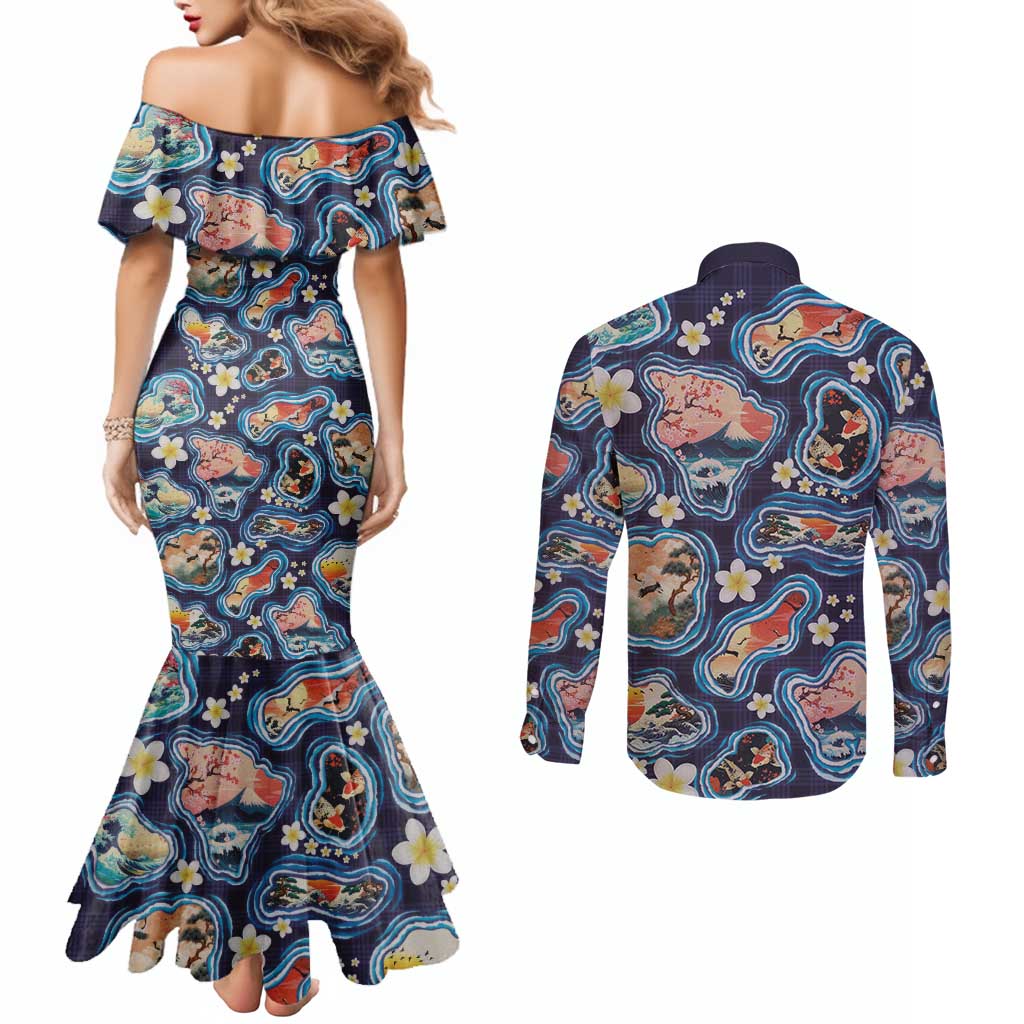 Hawaii Islands Map Design with Japanese Landscape Couples Matching Mermaid Dress and Long Sleeve Button Shirt Hawaiian Japan Fusion Art Navy Color