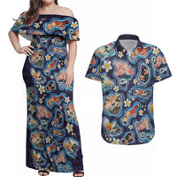 Hawaii Islands Map Design with Japanese Landscape Couples Matching Off Shoulder Maxi Dress and Hawaiian Shirt Hawaiian Japan Fusion Art Navy Color