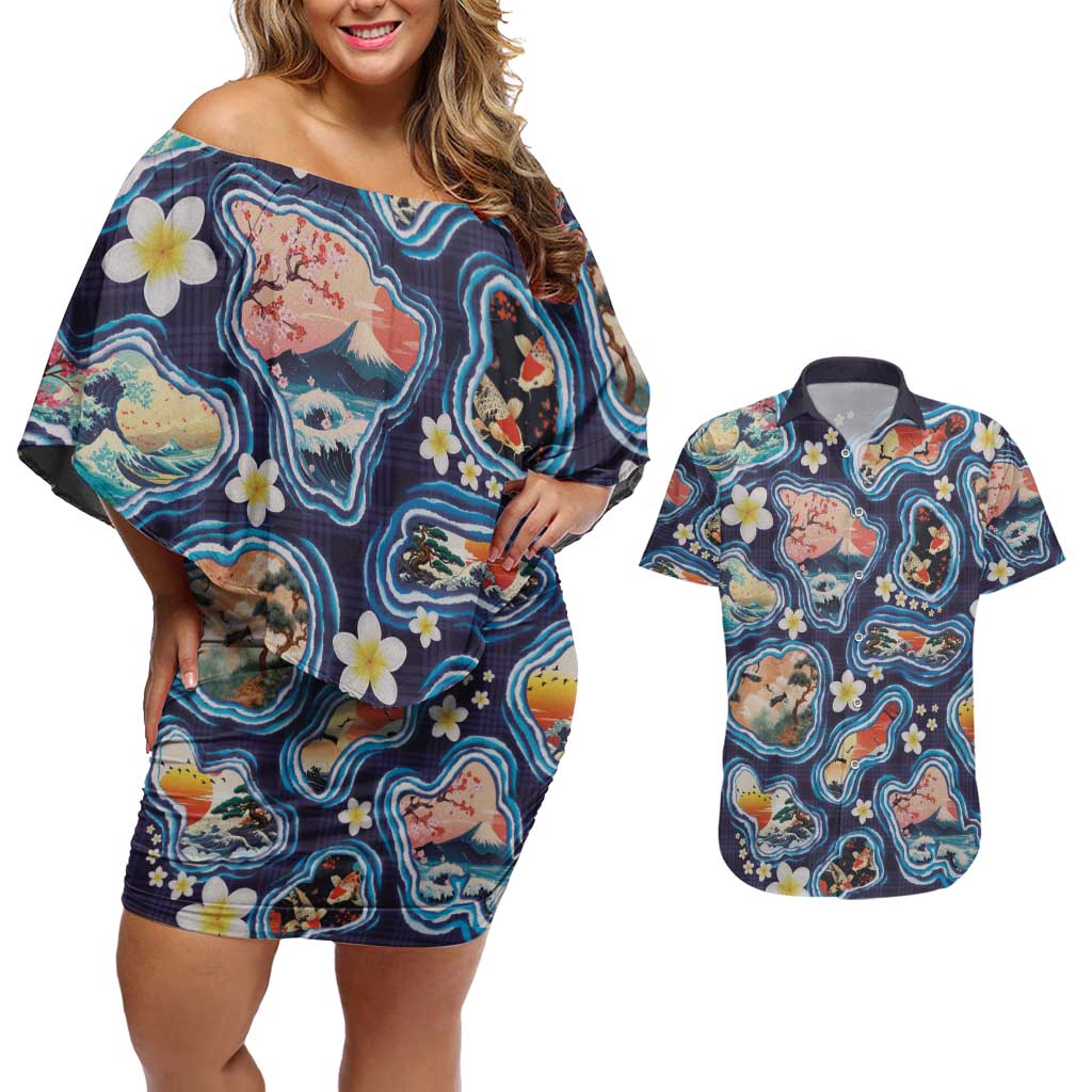 Hawaii Islands Map Design with Japanese Landscape Couples Matching Off Shoulder Short Dress and Hawaiian Shirt Hawaiian Japan Fusion Art Navy Color