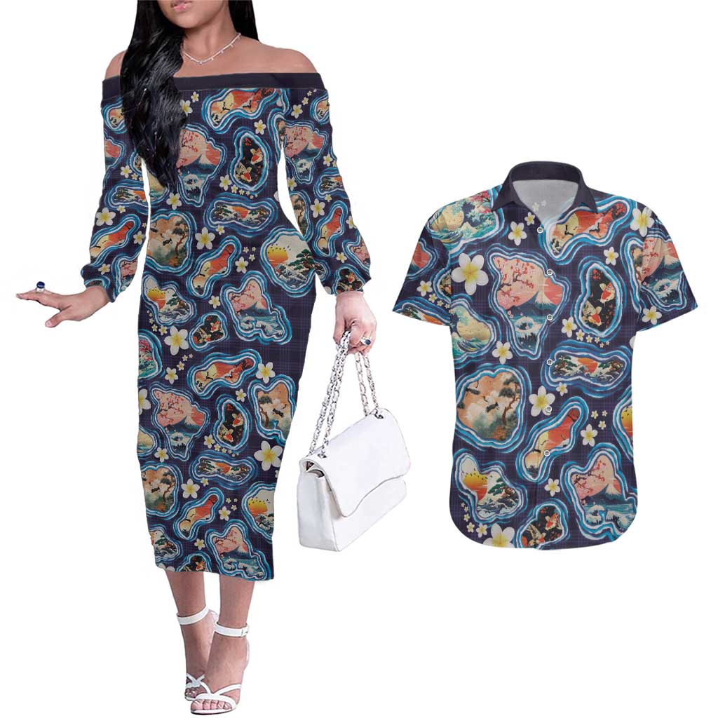 Hawaii Islands Map Design with Japanese Landscape Couples Matching Off The Shoulder Long Sleeve Dress and Hawaiian Shirt Hawaiian Japan Fusion Art Navy Color