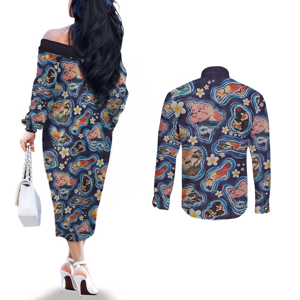 Hawaii Islands Map Design with Japanese Landscape Couples Matching Off The Shoulder Long Sleeve Dress and Long Sleeve Button Shirt Hawaiian Japan Fusion Art Navy Color