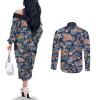 Hawaii Islands Map Design with Japanese Landscape Couples Matching Off The Shoulder Long Sleeve Dress and Long Sleeve Button Shirt Hawaiian Japan Fusion Art Navy Color